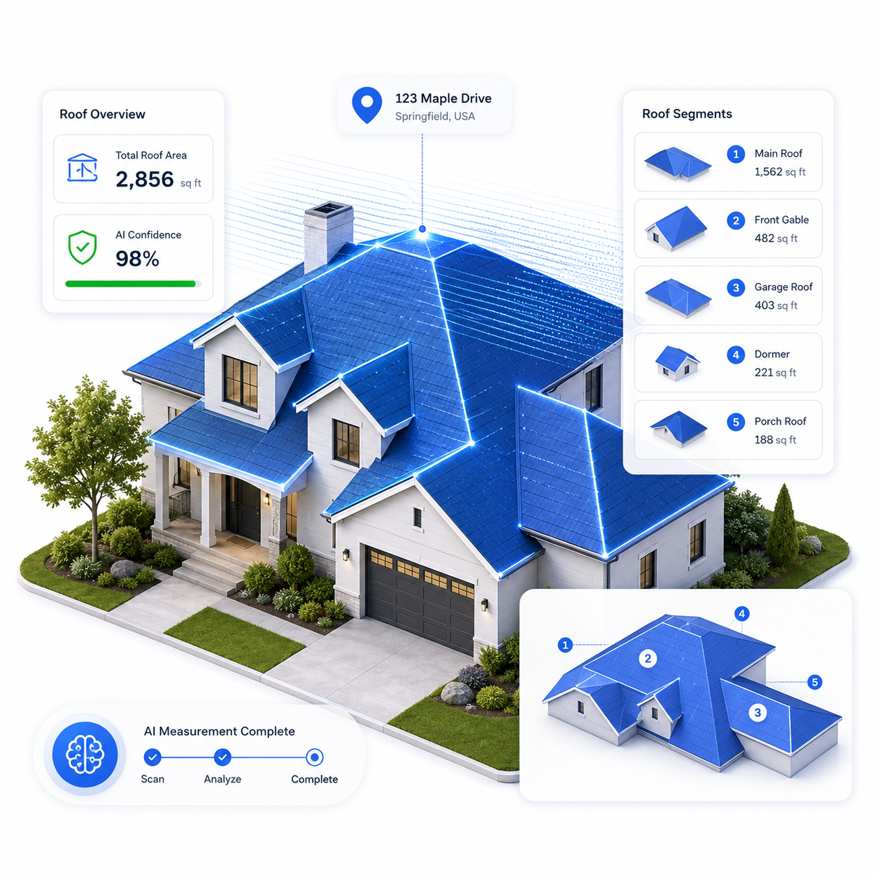 AI roof measurement dashboard showing a home roof, roof segments, total roof area, and confidence score